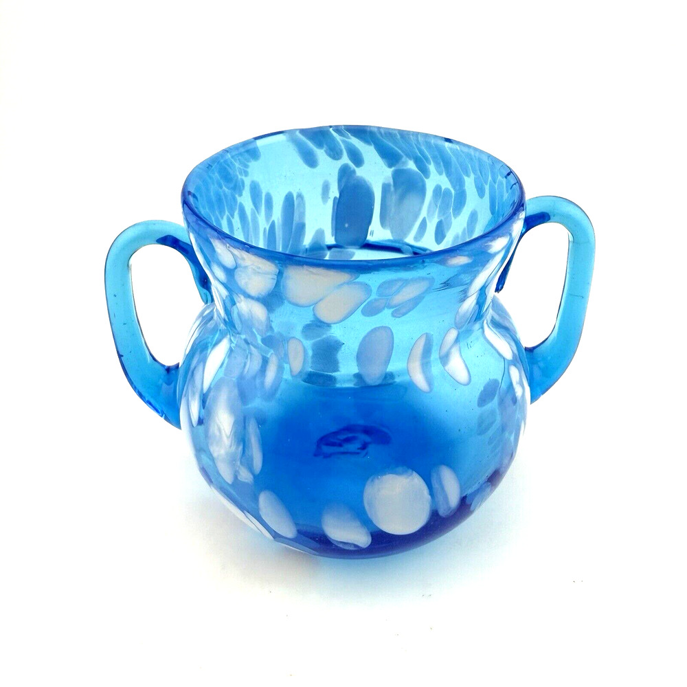 Vintage Rainbow Art Glass Mini Vase with Handles Blue W/ White Splatter 3"